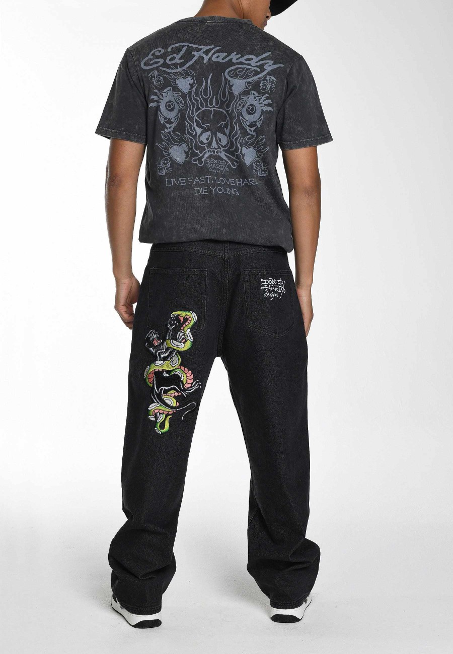 Ed Hardy Mens Panther-Slither Tattoo Graphic Relaxed Denim Trousers Jeans