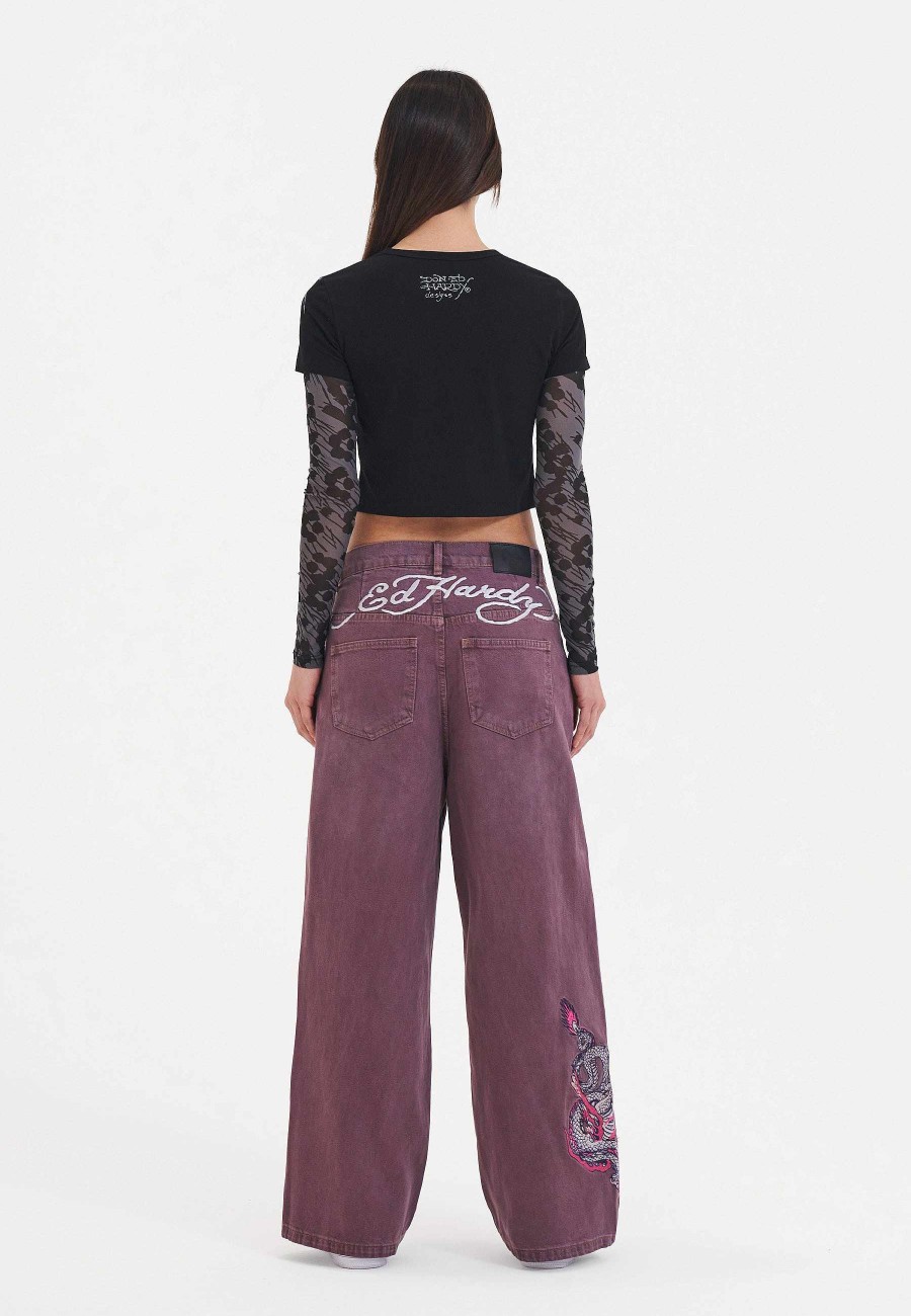 Ed Hardy Womens Twisted Dragon Xtra Oversized Denim Trousers Jeans