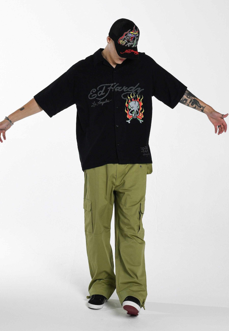 Ed Hardy Mens Skull-Flames Camp Shirt
