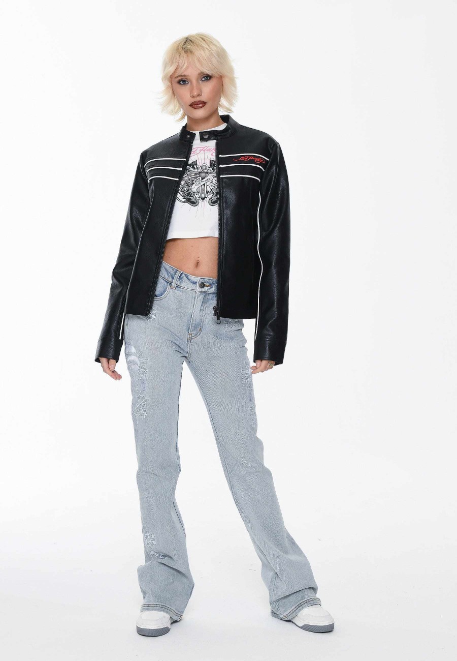 Ed Hardy Womens Til Death Vegan Leather Biker Jacket