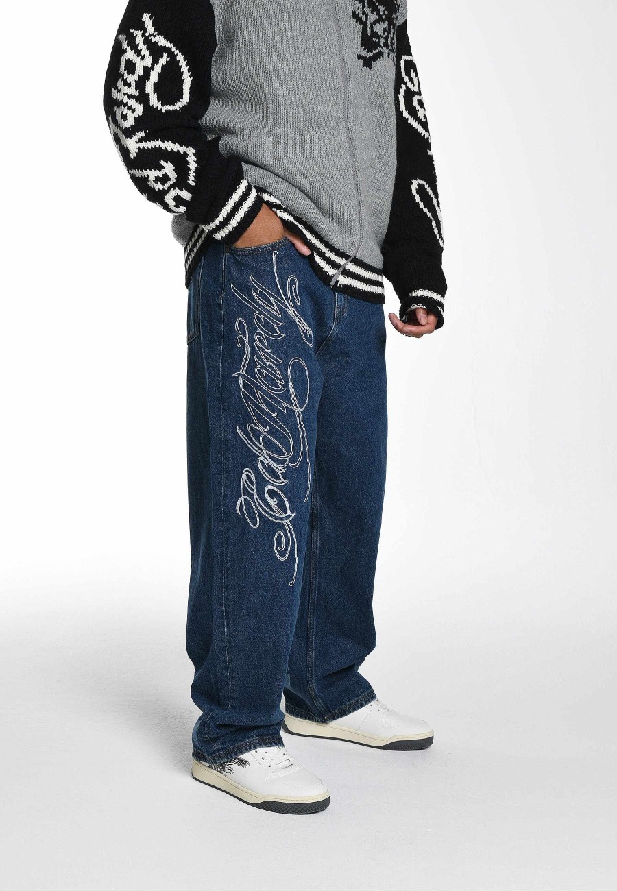 Ed Hardy Mens Panther-Slither Tattoo Graphic Relaxed Denim Trousers Jeans