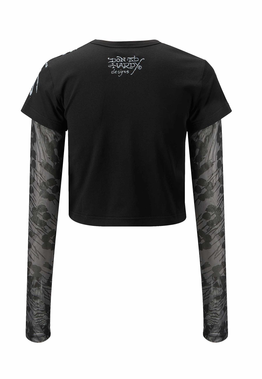 Ed Hardy Womens Pretty In Punk Double Sleeve Baby Tshirt Top