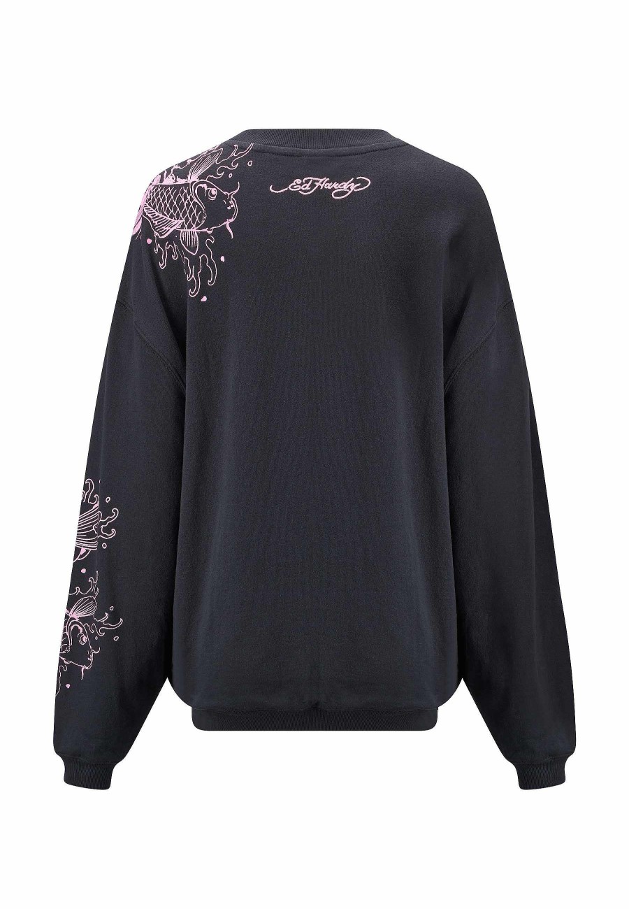 Ed Hardy Womens Koi River Graphic Relaxed Crew Neck Sweatshirt