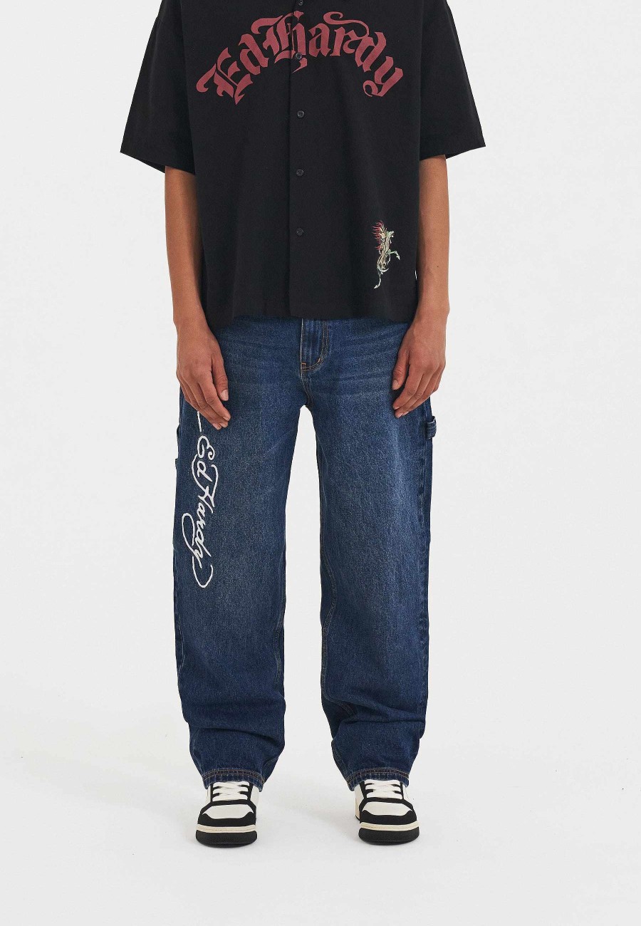 Ed Hardy Mens Snake & Panther Carpenter Denim Trousers Jeans