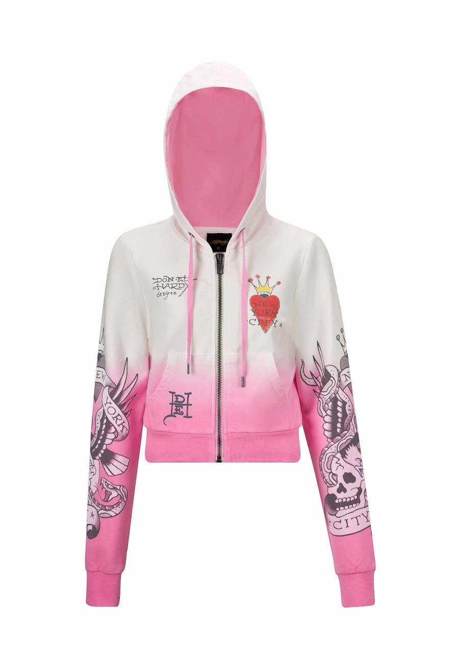 Ed Hardy Womens Nyc-Heart Cropped Zip Through Hoodie
