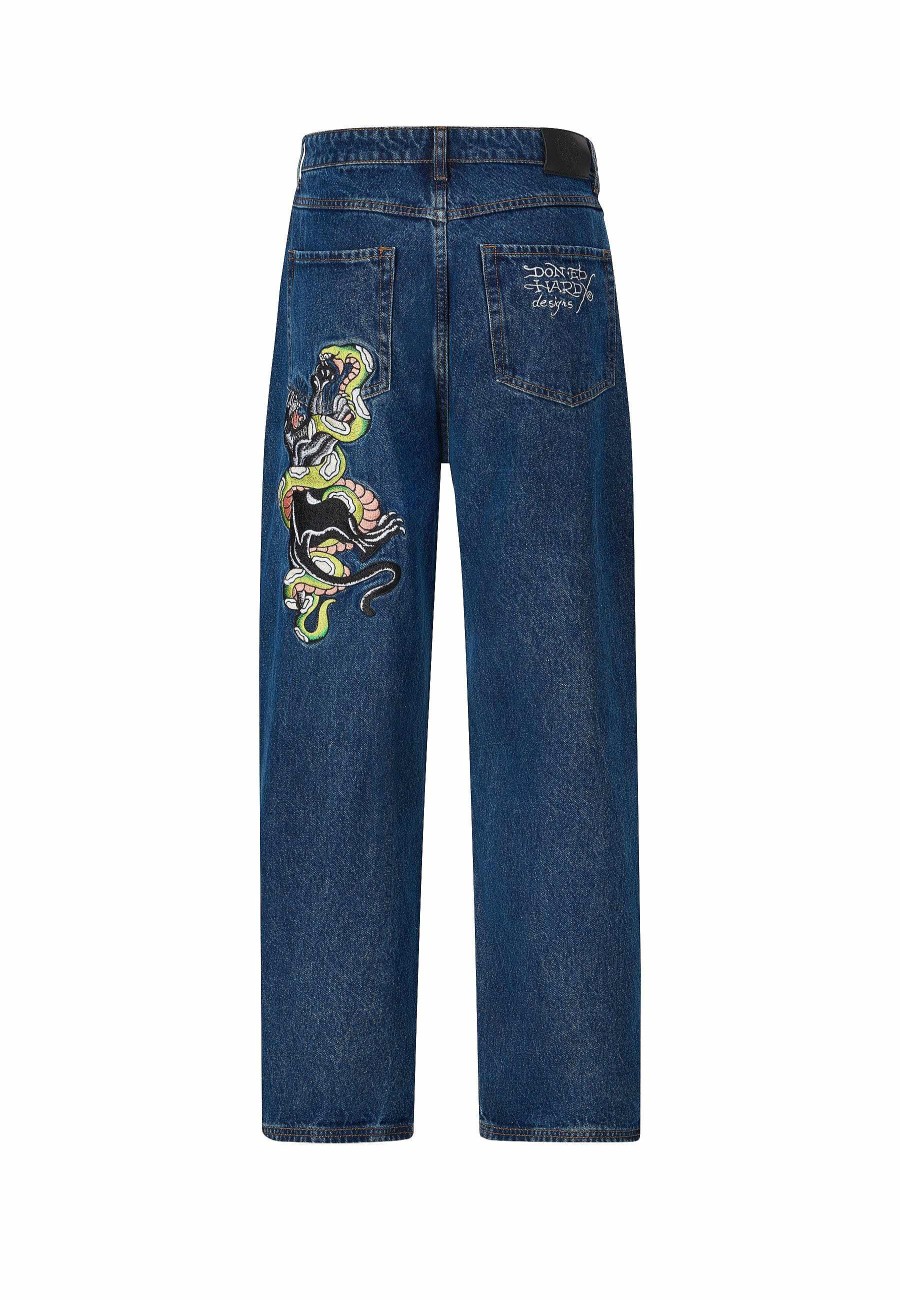 Ed Hardy Mens Panther-Slither Tattoo Graphic Relaxed Denim Trousers Jeans