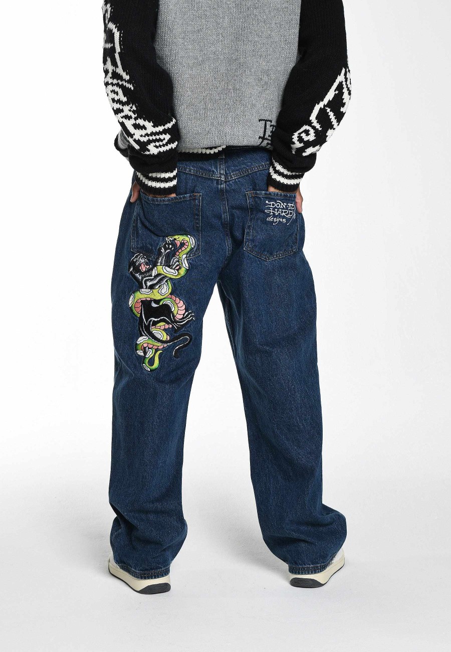 Ed Hardy Mens Panther-Slither Tattoo Graphic Relaxed Denim Trousers Jeans