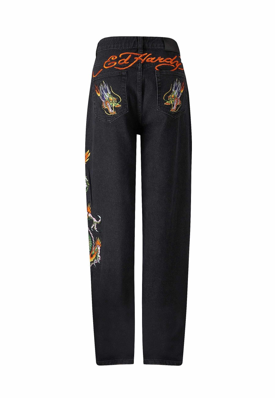 Ed Hardy Womens Crawling Dragon Relaxed Fit Denim Trousers Jeans