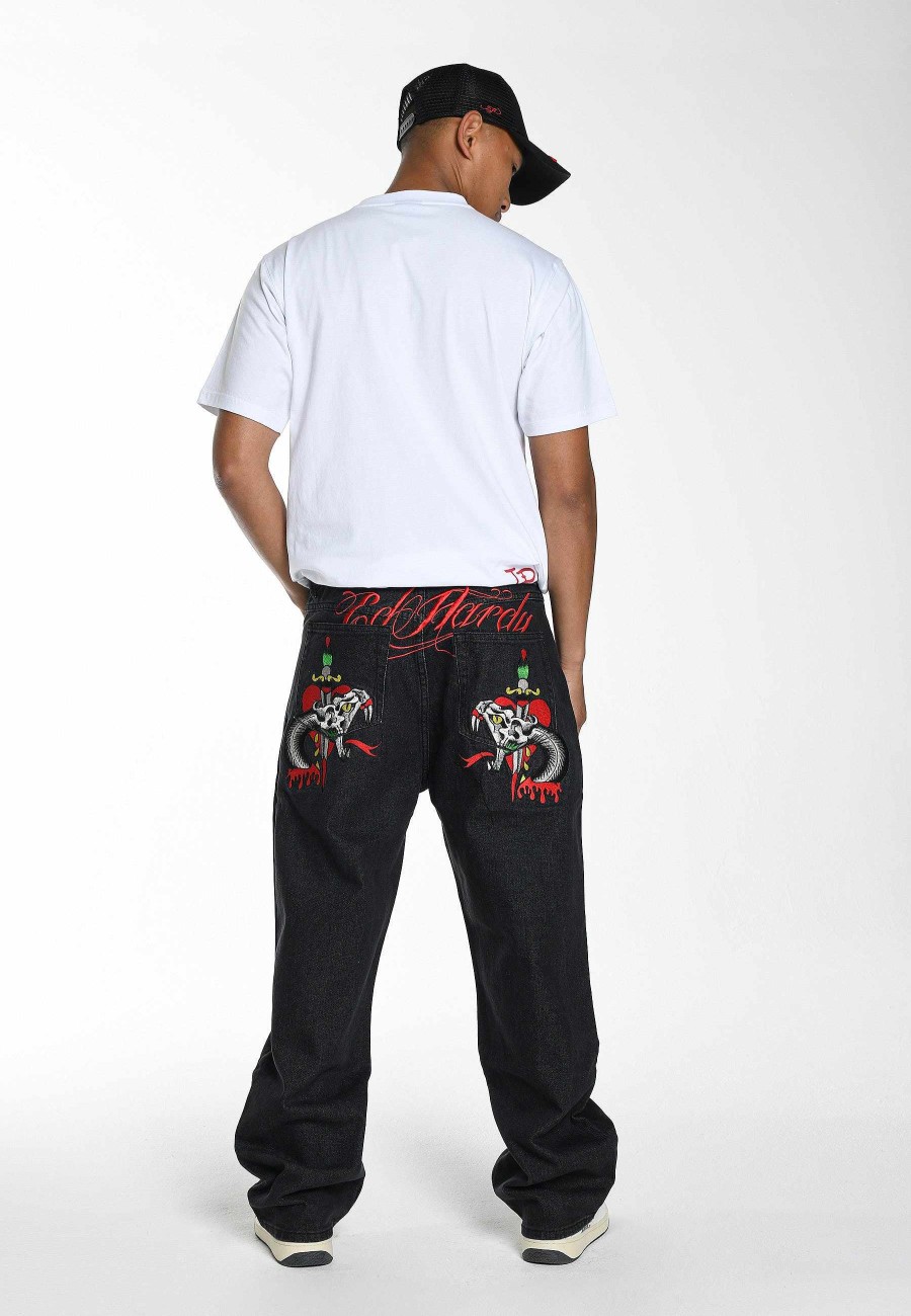 Ed Hardy Mens Snake Sever Tattoo Graphic Relaxed Denim Trousers Jeans