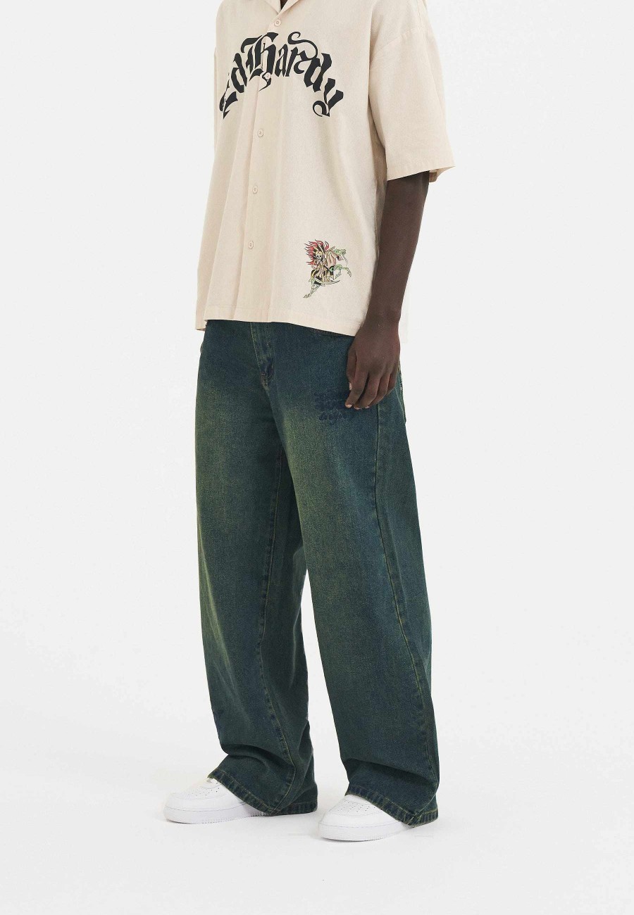 Ed Hardy Mens Fireball Dragon Dirty Wash Denim Trousers Jeans