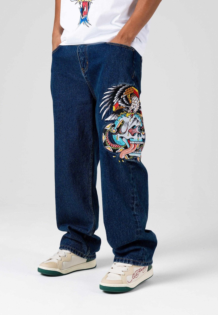 Ed Hardy Mens Skull-Snake-Eagle Tattoo Graphic Denim Trousers Baggy Jeans