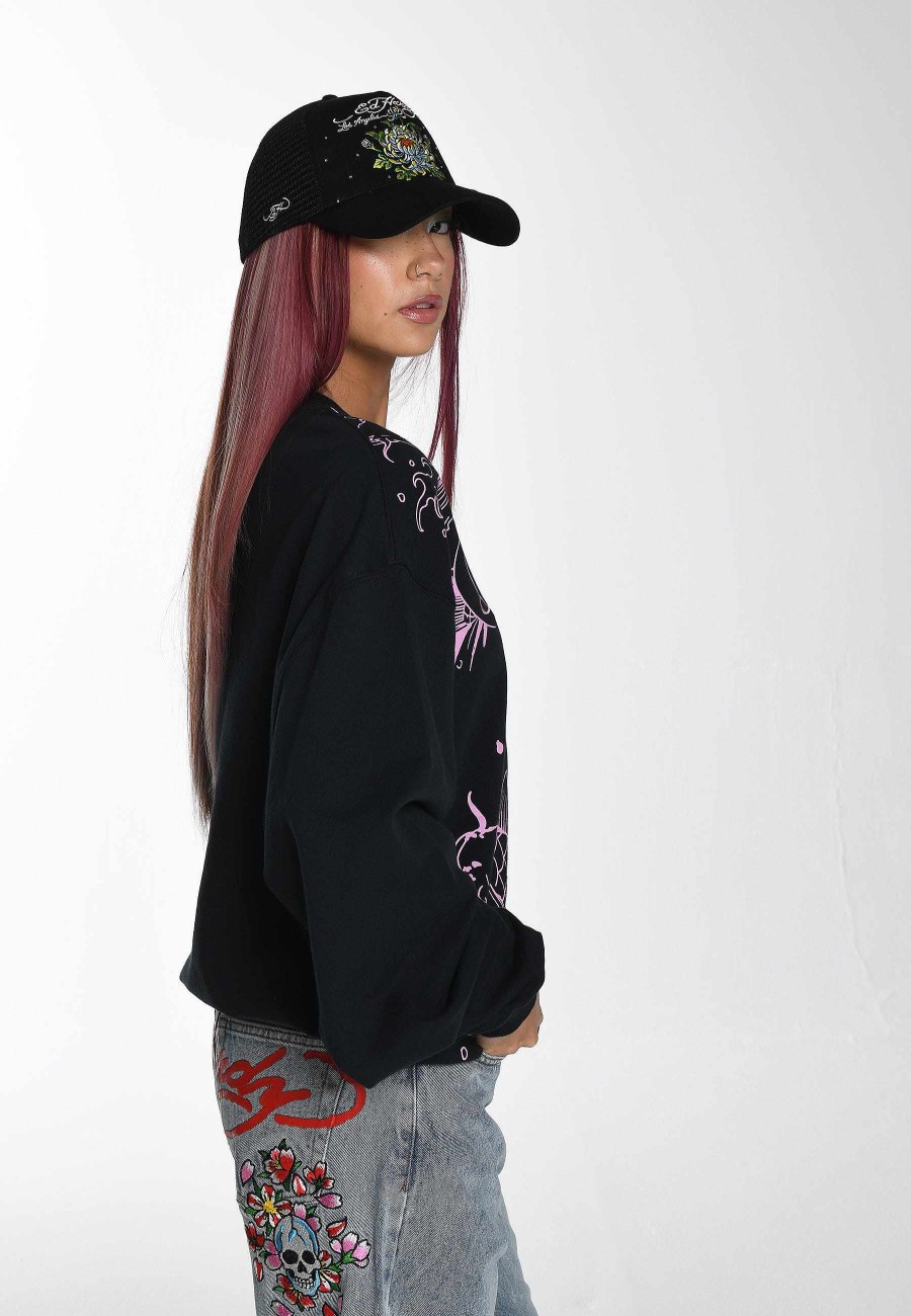 Ed Hardy Womens Koi River Graphic Relaxed Crew Neck Sweatshirt